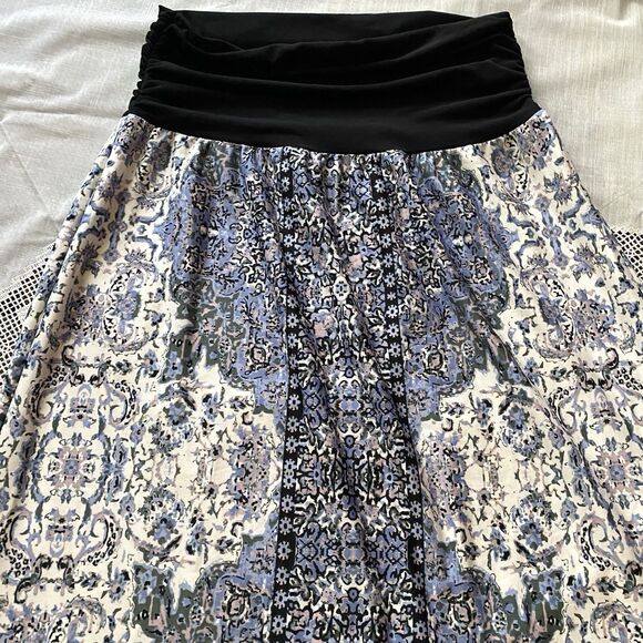 B Design Maxi Skirt Ruched Waist Pull-On Stretch Geometric Size L Blue Cream - Picture 1 of 11